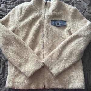 Pendleton Sherpa Fleece Jacket L Beige Zip Up Coat Plaid Pocket Trim Wool Blend